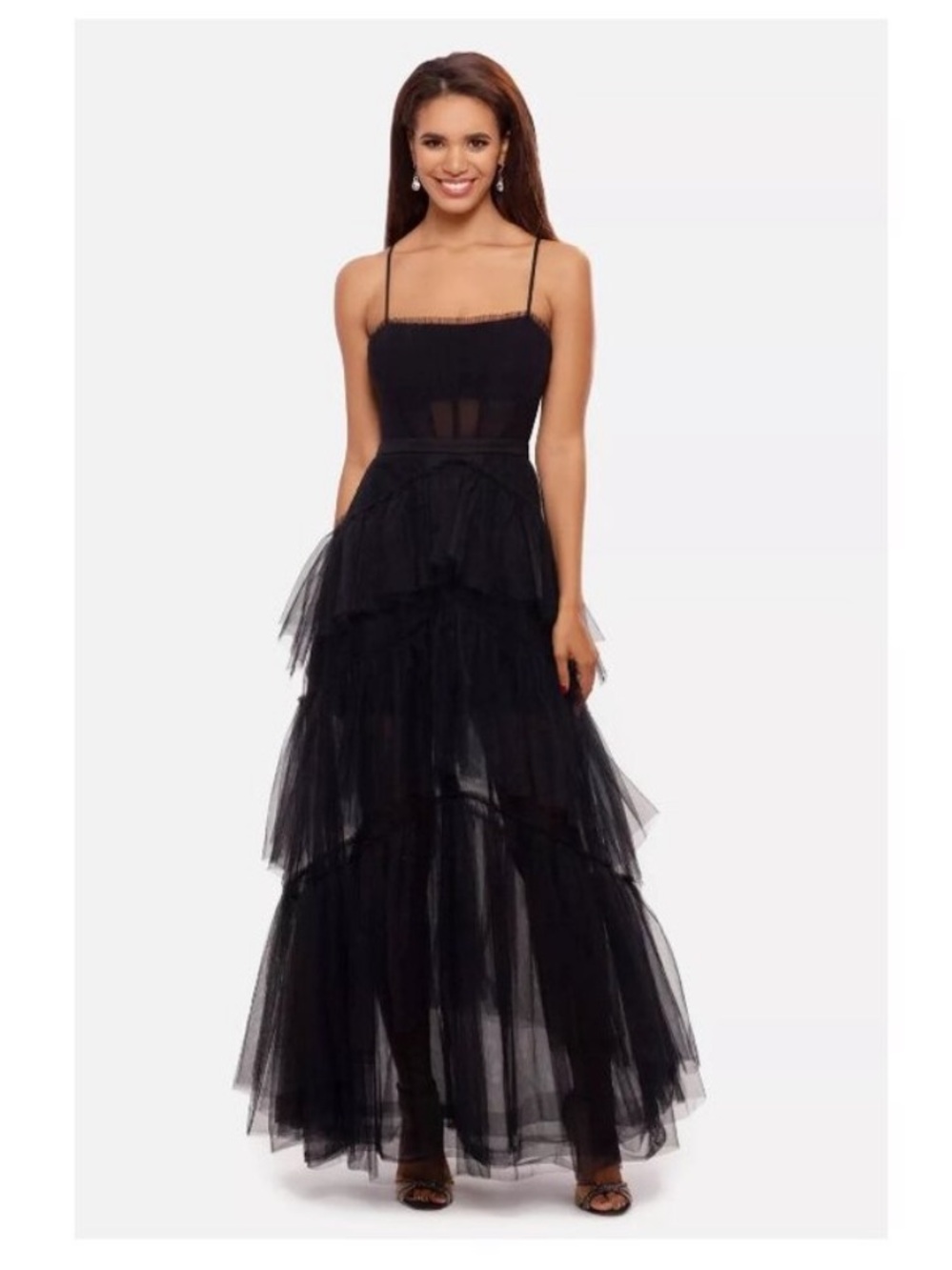 Black Tiered Tulle Spaghetti Strap Dress - Picture 2 of 4